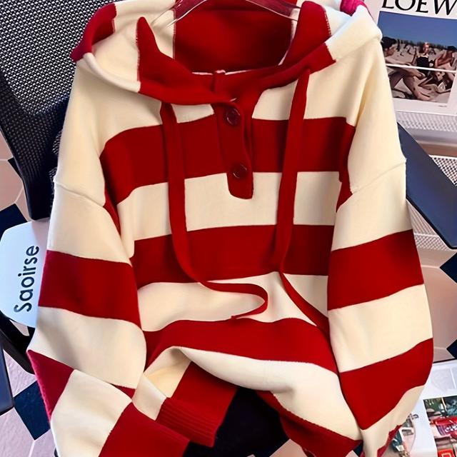 TEMU Color-block Striped Hooded Sweater, Lazy Style Cardigan