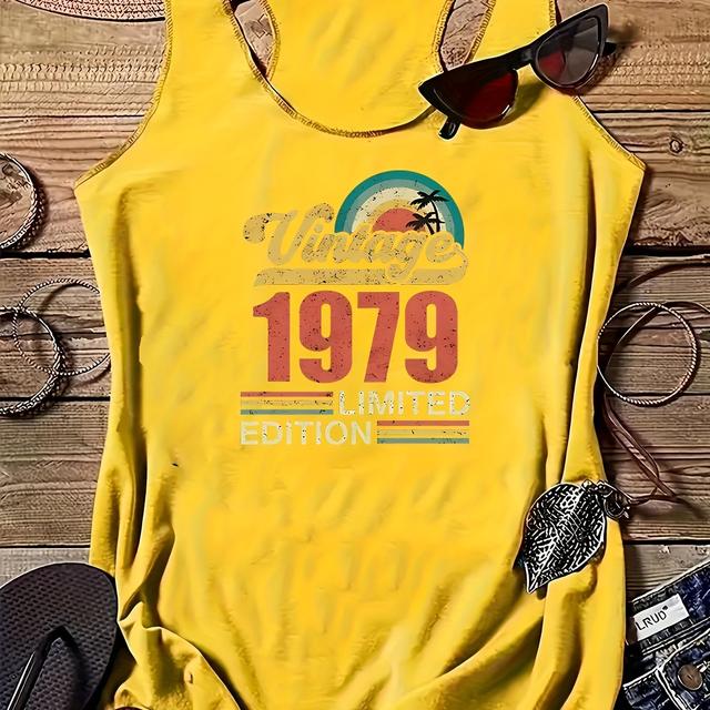 TEMU Women's Polyester Rayon Spandex Casual Tank Top, Off The Shoulder Knit Fabric Sleeveless Shirt, With Vintage 1979 Graphic Print, For Spring/summer/fall