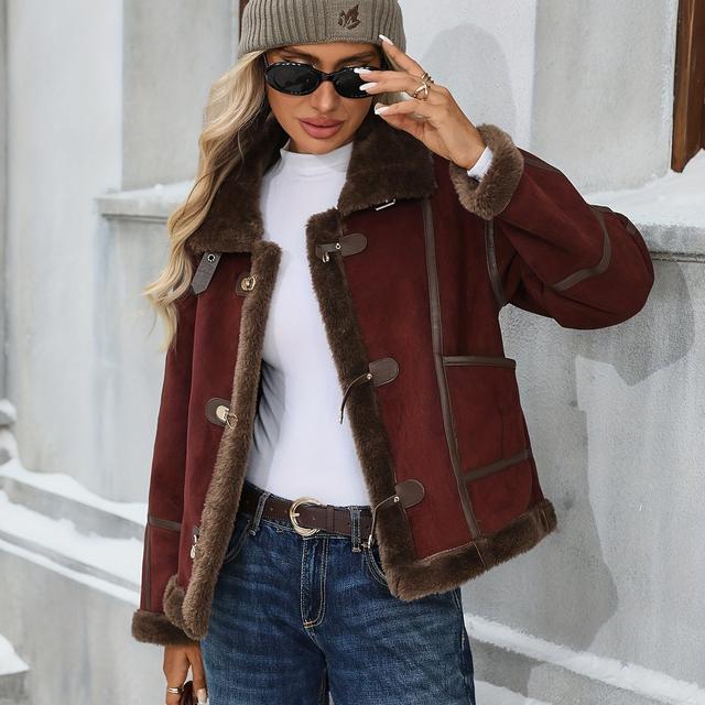 TEMU Burgundy Vintage-style Suede Short Jacket With Lamb Pockets For Women, Perfect For Autumn And Winter , Suitable For Commuting, , And Everyday Wear