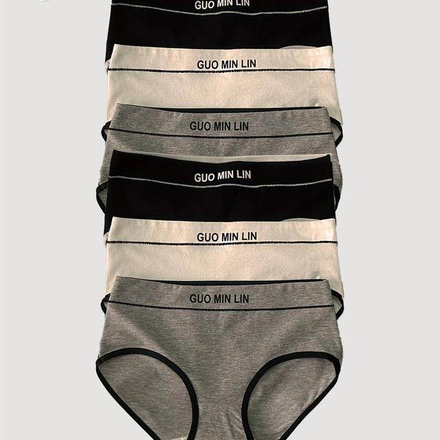 TEMU 6個の女性用パンツ - 柔らかく、通気性のある、シームレスなミッドライズ下着、黒と灰色のストライプデザインの文字プリント、洗濯機で洗える、かわいい下着