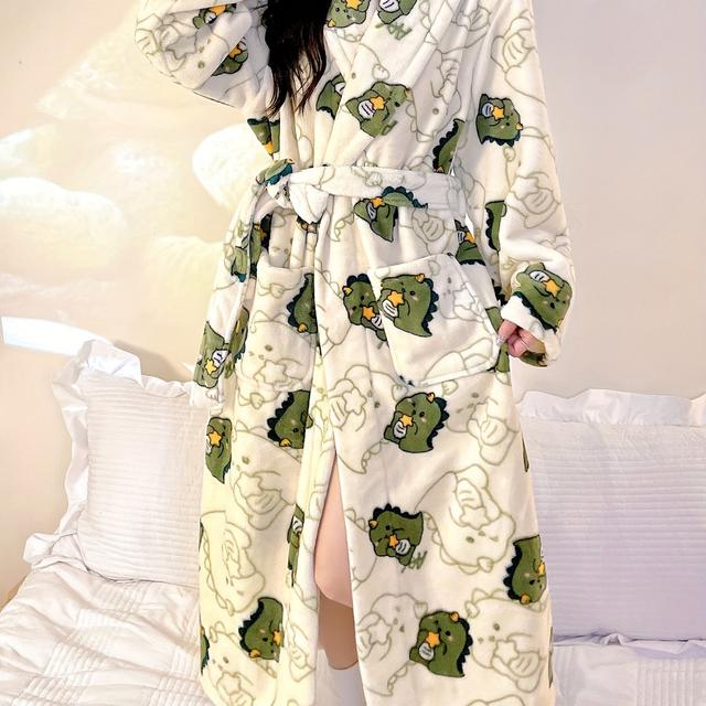 TEMU 여성용 플러시 플리스 목욕 가운 - 캐주얼 V넥, 만화 캐릭터 프린트, 가을/겨울용 두꺼운 따뜻한 폴리에스테르 라운지웨어