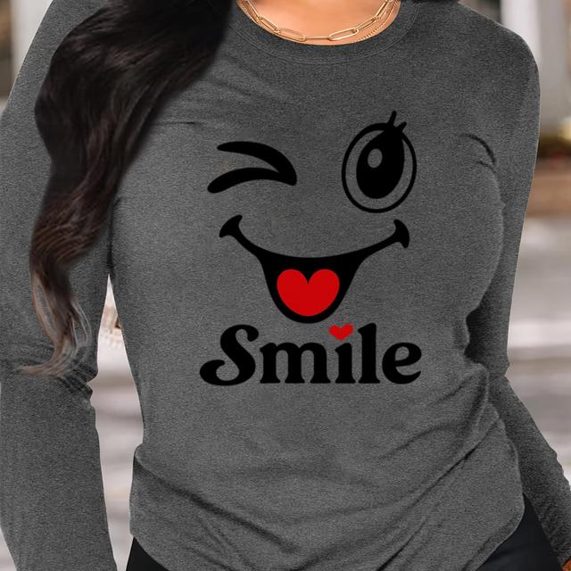 TEMU Milk Line 180g Long Sleeve T-shirt - Vibrant Face & Blinking Eye Graphic Print, Asymmetrical Hem, Crew Neck Casual Elegant Pullover For Spring Summer Fall, Machine Washable