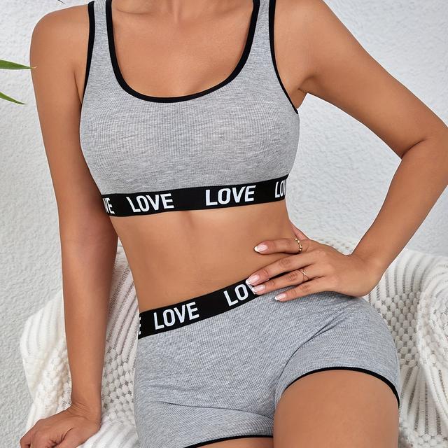 TEMU Conjunto de y cinturón con LOVE, de tejido acanalado transpirable y , una camiseta de tirantes deportiva y bóxer para mujer