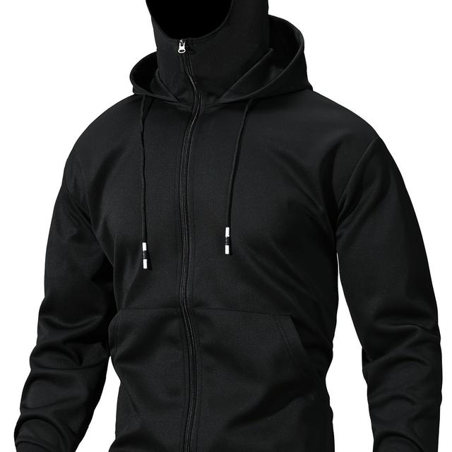 TEMU Sopkop Men's Retro Hooded Sweatshirt - Double Hood Face Cover, Micro-stretch Polyester, Zipper Front With Pockets, Machine Washable Casual Jacket For