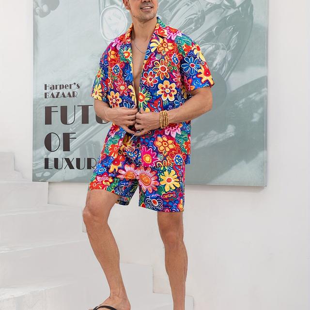 TEMU Men's Casual 2-piece Outfit, Men's Trendy Hawaiian Flower Graphic Shirt And Shorts Set For Summer Beach, Pool And Resort