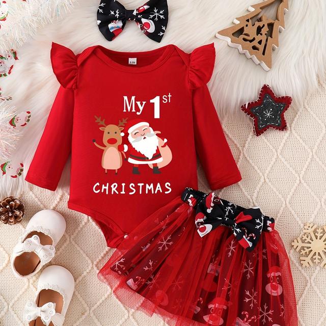 TEMU Children Eden 0-24 Months Baby Girl Romper Santa Claus Mesh Skirt Headband 3pcs Set, Perfect For Outdoor