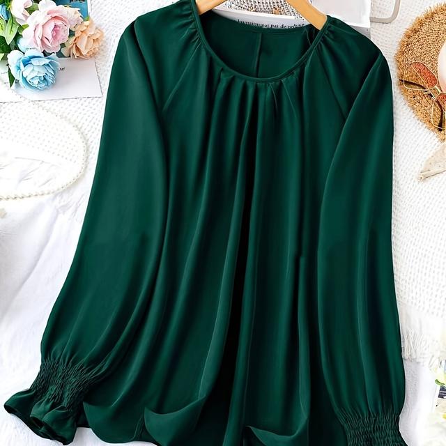 TEMU Plus Size Women's Casual Long Sleeve Blouse - Solid Emerald Green With Chest Ruching Detail, Round Neck Pullover Shirt, Machine Washable Top, Ladies Shirts And Tops