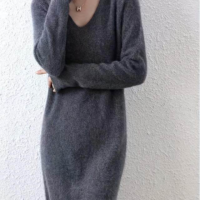 TEMU 【レディース】ト Vネック セーター ドレス - 長袖 冬用ワンピース、ソフトな質感、無地 (レッド) - 秋 & 冬 ル &