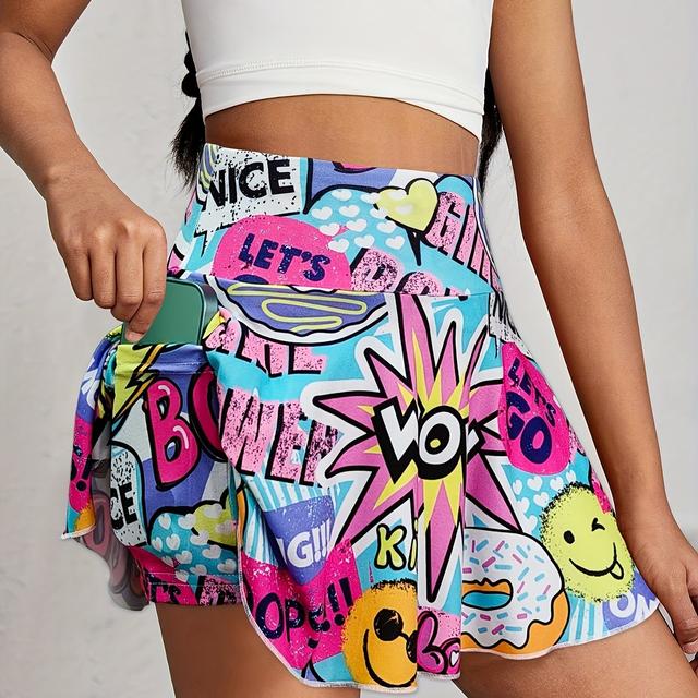 TEMU Girls' 110-150 Size Spring/summer Casual Cartoon Print High-waist Skort With Phone Pocket, Summer Outfit, Cute Design, Machine Washable, Little Girls