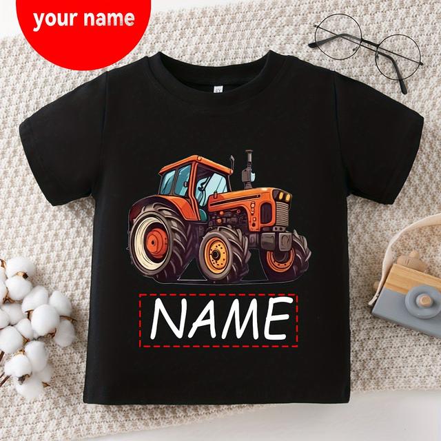 TEMU Cotton Short Sleeved Boy Customized Name And Tractor Pattern Printed Fashion Versatile Round Neck T-shirt