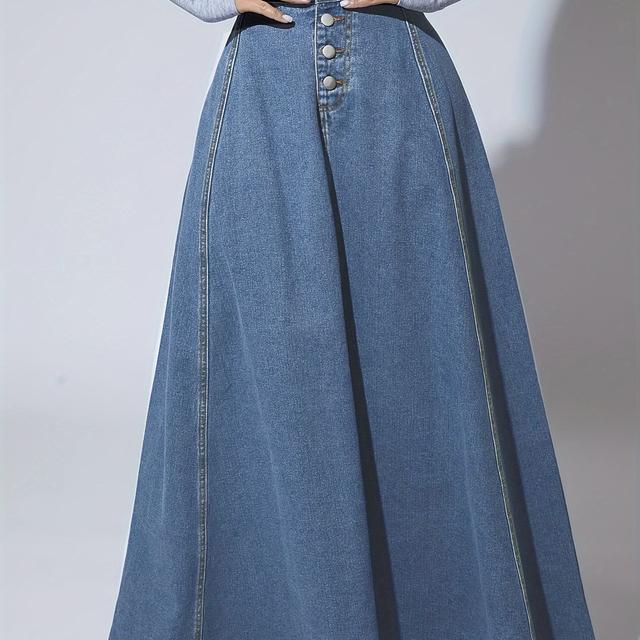 TEMU 25aw+ Retro Row Buckle Design Single-row Buckle Heavy-duty Denim Skirt Women's High-waisted A-line Umbrella Skirt Retro Style Large Swing Long Skirt Without Elasticity Note The Size