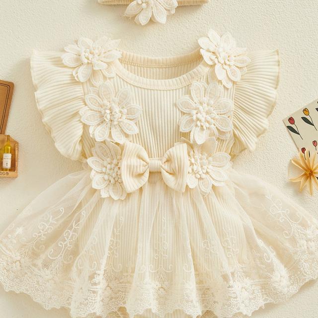 TEMU Newborn Baby Girl Lace Romper Dress Short Sleeve Ruffle Mesh Tutu Dress 0 3 6 12 18 Months Cute Jumpsuits With Headband, For Outdoor