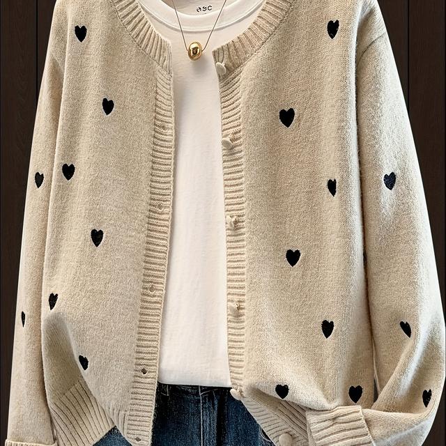 TEMU Embroidery Button-front Sweater Cardigan, Autumn Winter Casual Elegant Front Knitwear