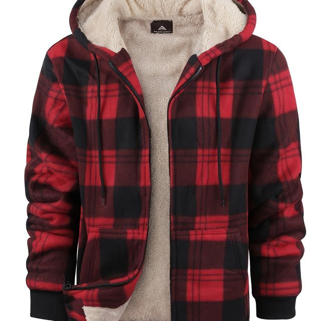 TEMU Schwerer Fleece Hoodie | Dickes Sherpa-gefüttertes Flanell-Kariertes Shirtjacken-Oberteil für Herren mit durchgehendem Reißverschluss - Lässiger Stil, Stoff ohne Stretch, Passform, Reißverschluss
