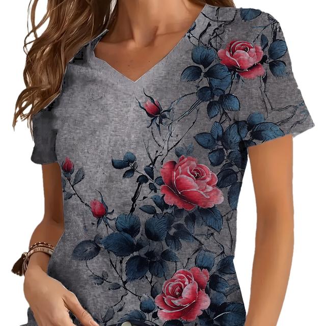 TEMU Camiseta de Cuello en V para Mujer en Gris Oscuro con - Blusa Ligera con Estampado Floral Completo, 0XL-9XL para Conjuntos de Primavera, Verano y Otoño, Tops Elegantes Casuales y para