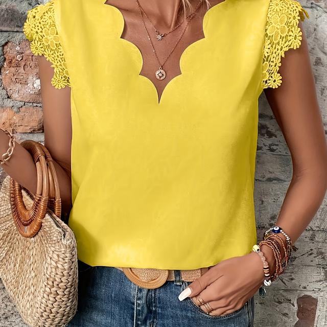 TEMU Chemisier Femme Col V en Dentelle, 100% Polyester Couleur Unie, Longueur Régulière, Toutes , Tissu Tissé, 115g/m² - Chemise Élégante à Détails Contrastés pour Adulte