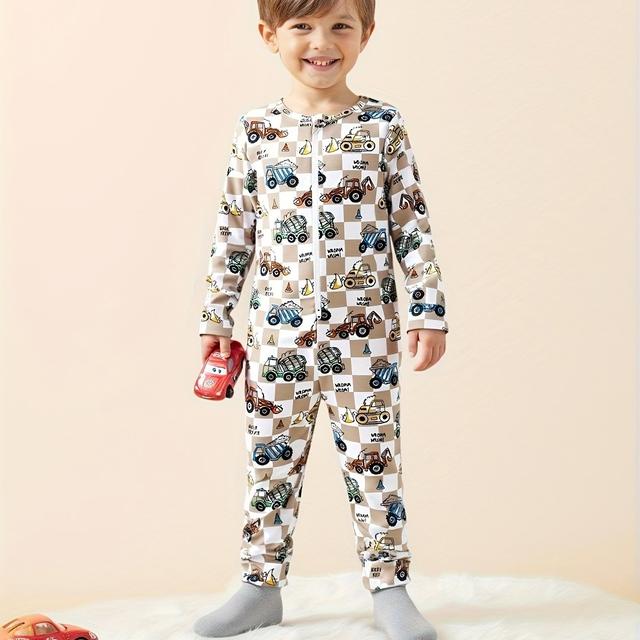TEMU Fitted - Boys' Jumpsuit With Colorful Excavator, Brown , Comfortable And Soft Long-sleeved Double-ended Zipper Onesie