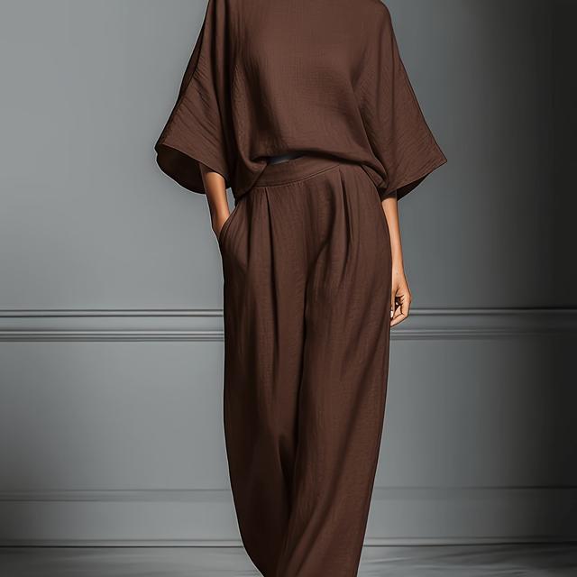 TEMU Damen-Set aus braunem Mischgewebe, 2-teilig, lockere Passform, kurzärmeliges Shirt Hose mit weitem Bein, HW915