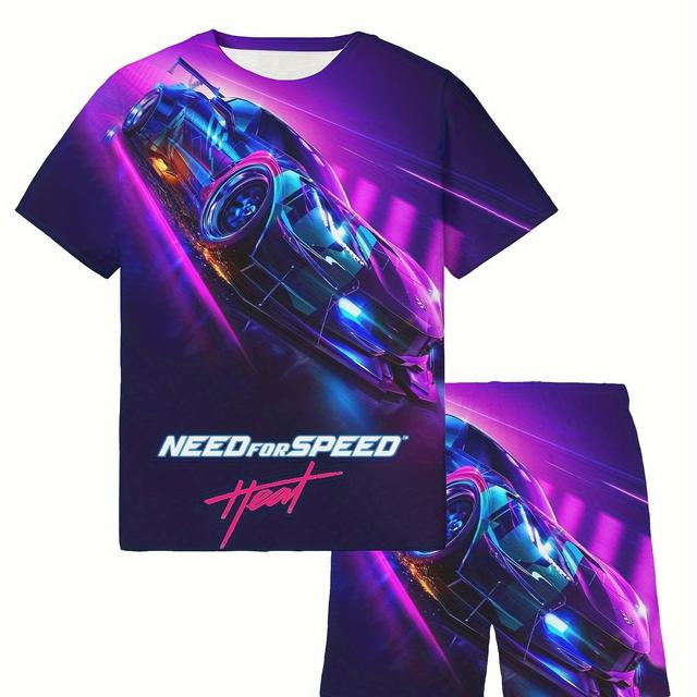 TEMU ' Car Graphic Tee & Shorts Set - Breathable, Comfy Polyester Blend For Summer Fun, Outdoor