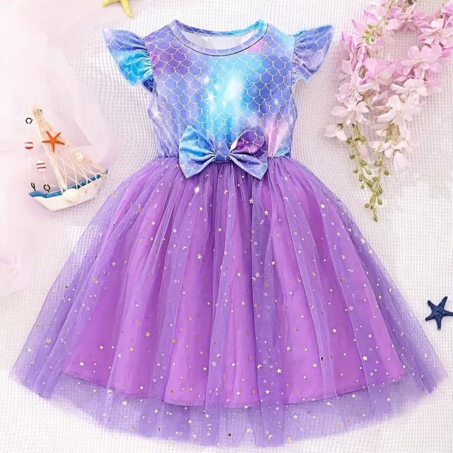 TEMU Charmig Sommarklänning för Små Flickor - Lila med Fladdermusärmar och Sjöjungfruns Fjällmönster & Paljettdetaljer, Polyester Nät Kjol, Knälängd, Maskintvättbar, Sjöjungfruklänning