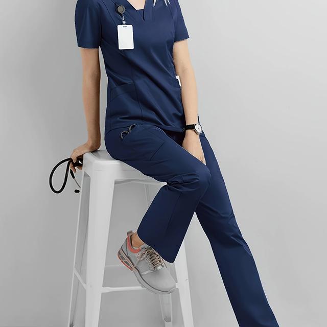 TEMU طقم سكريب نسائي برقبة على شكل V وبنطلون كارجو، خصر مطاطي قابل للتمدد في 4 اتجاهات