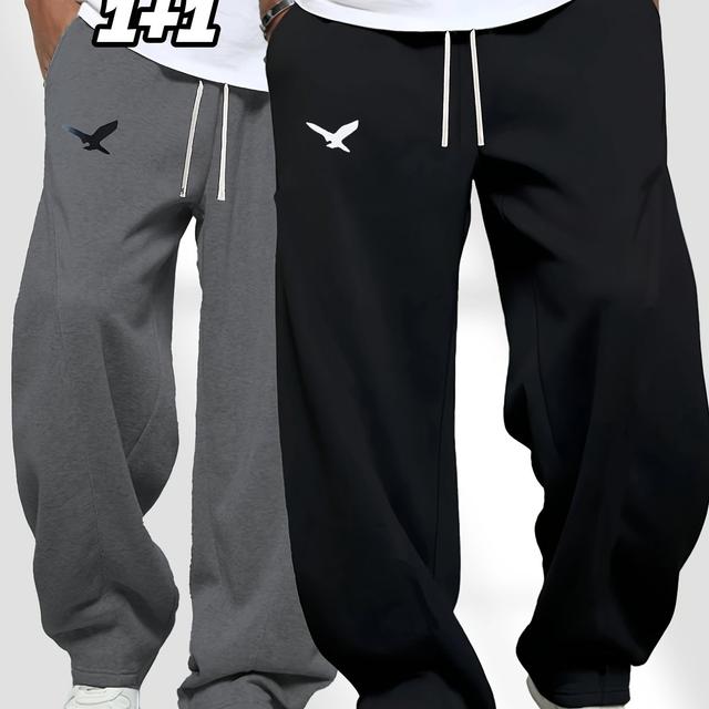 TEMU 2er-Pack Herren Sport Hose mit Adler-Print | Verstellbarer Kordelzug, gerades Bein, trendiges Geschenk für Vater oder Ehemann