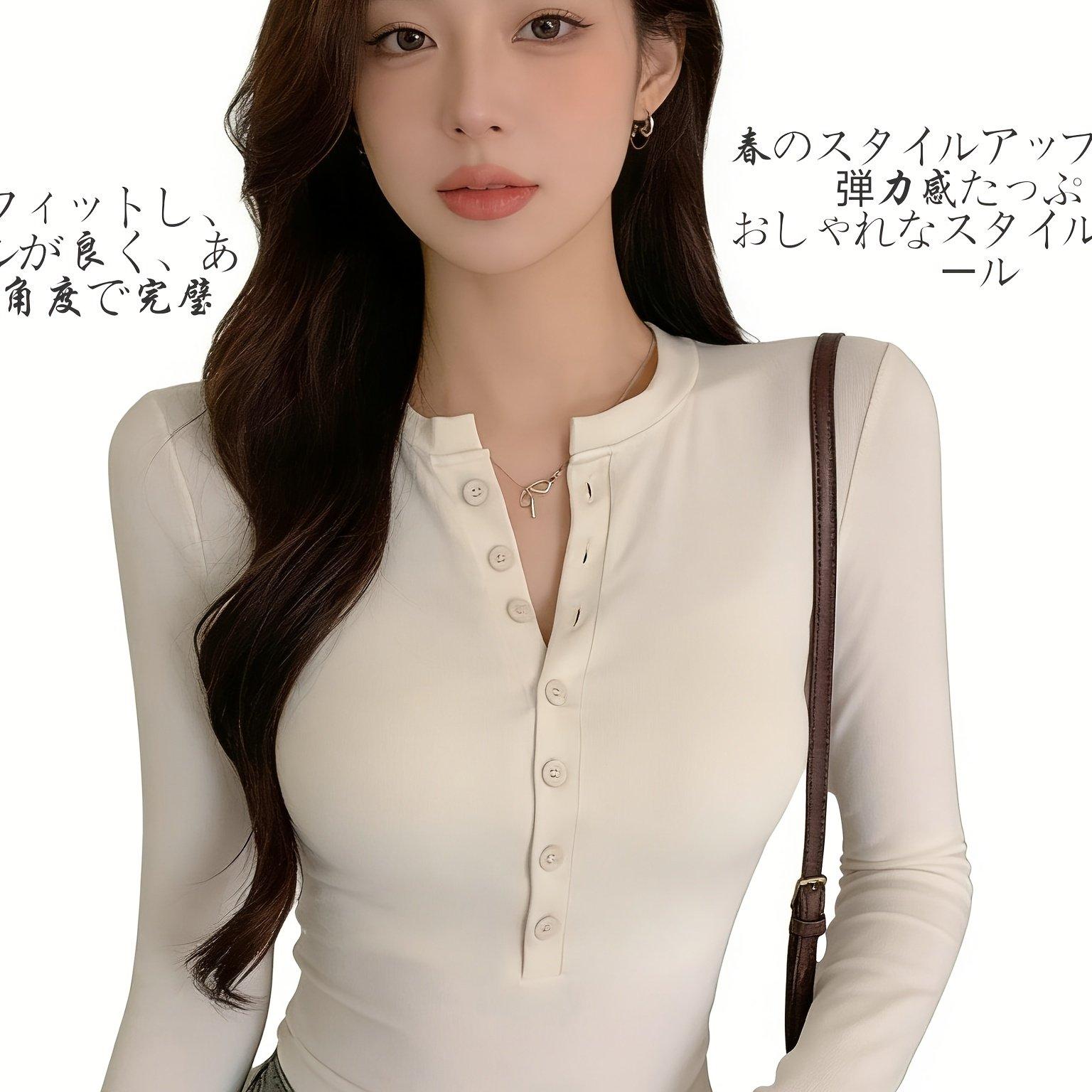 TEMU 【商品名】おしゃれなレディース長袖Tシャツ。フィット感のある、体型を際立たせます。ボタン付きで、春と秋のレイヤリングに最適。トレンドのルックを実現。