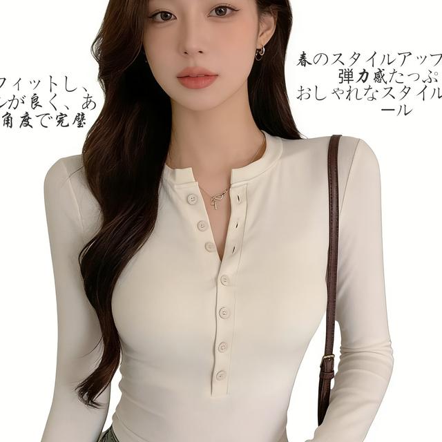TEMU 【商品名】おしゃれなレディース長袖Tシャツ。フィット感のある、体型を際立たせます。ボタン付きで、春と秋のレイヤリングに最適。トレンドのルックを実現。