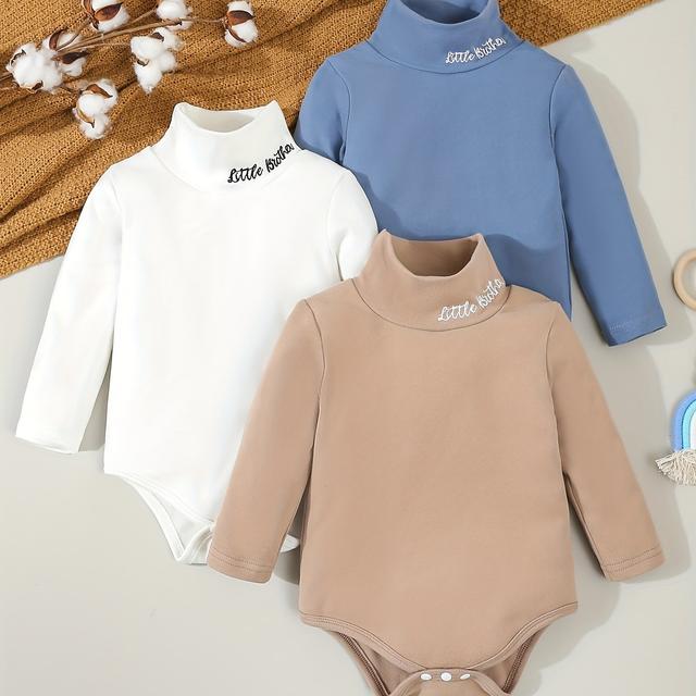 TEMU 3-pack Baby Boys' Casual Knit Turtleneck Bodysuits With Embroidered Alphabet Detail, Soft Comfortable Stretch Regular Fit Outfits For Fall/winter, For Outdoor