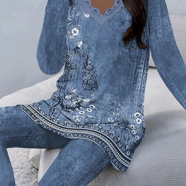 TEMU 1 Set Elegantes Plus Size Damen Outfit - Langarm-Top mit V-Ausschnitt und ethnischem Print in Blau mit einfarbiger Hose, Polyester-Strickgewebe, Set mit hohem Stretchkomfort