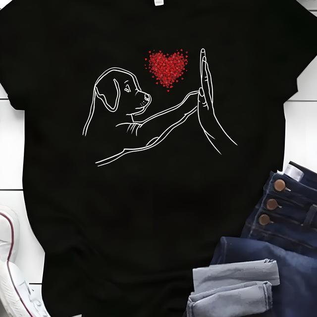 TEMU Plus Size Heart & Dog Print T-shirt, Casual Short Sleeve Crew Neck Top For , Women's Plus Size Clothing