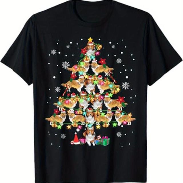 TEMU 【1枚】シェトランド・シープドッグ クリスマスツリー Tシャツ。素材は100%。クルーネックと半袖が特徴。祭りのような幾何学模様の、遊び心のある犬種が描かれています。ライトストレッチのレギュラーフィットで、オール快適。