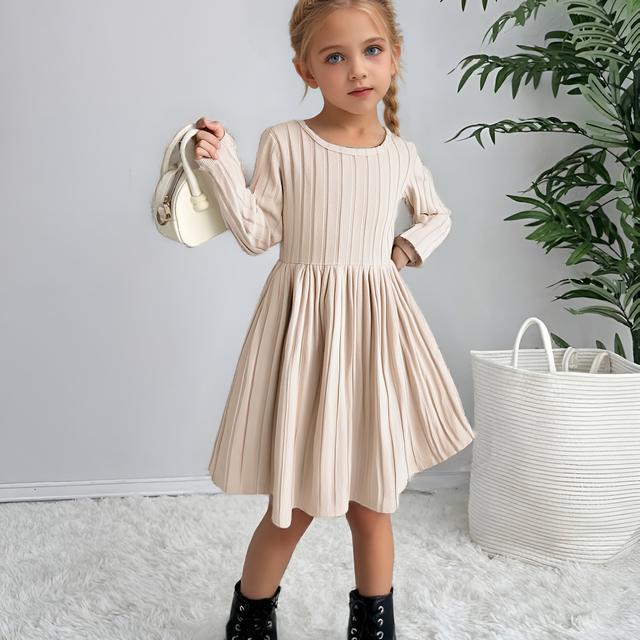 TEMU A Solid Color Knee-length Knitted Dress For Girls, Perfect For Casual Outdoor Wear And Autumn.