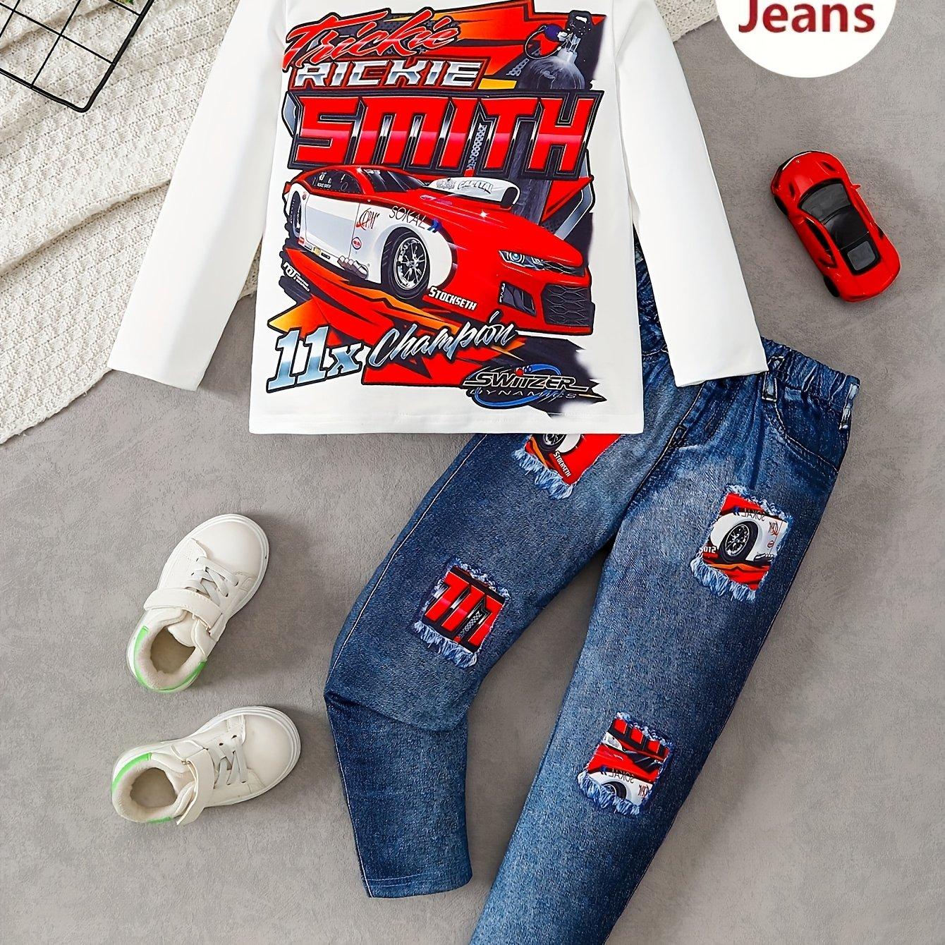 TEMU Boys' 2pcs Racing Car Graphic Long Sleeve Tee & Denim Pants Set - "michie " Design, Stretchy & Machine Washable, Casual Fall/winter Outfit, Perfect For Outdoor