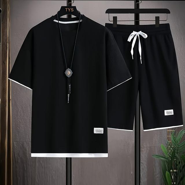 TEMU Waffger Men's Trendy Round-neck T-shirt, Summer Breathable Casual Sportswear, Loose Suit, Fashionable Outdoor Two-piece Set