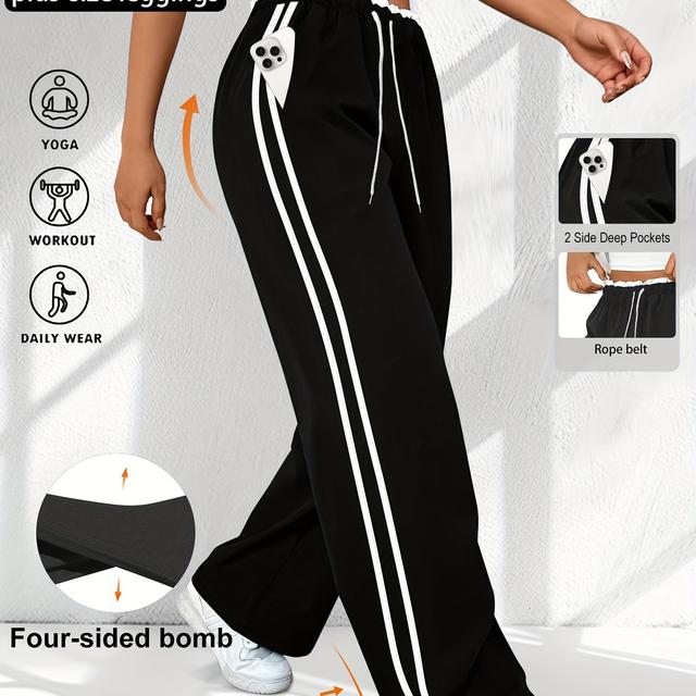 TEMU Plus Size - Plus-size High-waisted Side Stripe Pants With Diagonal Side Pockets, 9-point Drawstring Wide-leg Trousers Made From Stretchy, Skin-friendly Fabric, Suitable For And Outdoor .