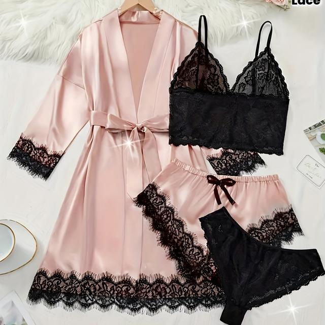 TEMU 4pcs Women's Ice Lace Pajamas | 3 Quarter Sleeved Long Robe, V-neck Short Camisole Vest, Underwear, And Shorts | Sexy Sheer Style With Random Print And Hollow Details