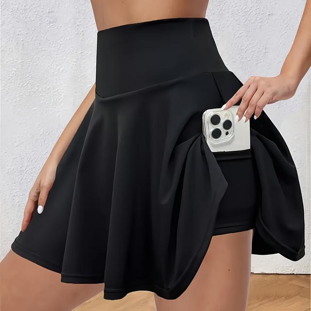 TEMU Women' Skirt, Built-in Shorts And Phone , High Stretch Knitted Fabric, Flared Hem, No Belt, Layered/tiered Style, For Yoga, Running, Basketball, Tennis, Dancing And Other Casual Sports
