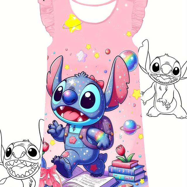TEMU Stitch Girls' Sleep Dress - Soft Stretchy Fabric, Sleeveless Loose Fit With Backpack Design, Spring Summer Casual Wear 3-12, Cartoon Print, Comfortable Homewear, Outdoor