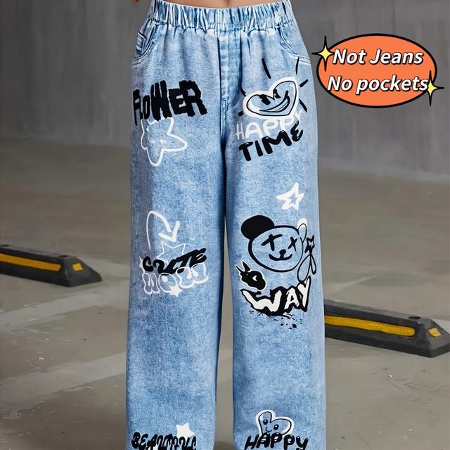 TEMU Summer Casual Wide-leg Pants With Digital 3d Print, Soft Lightweight Fabric, Elastic Waistband, And Fun Motivational Phrases - Outdoor Play And , Pants | Graphic Pants | Soft Fabric Pants