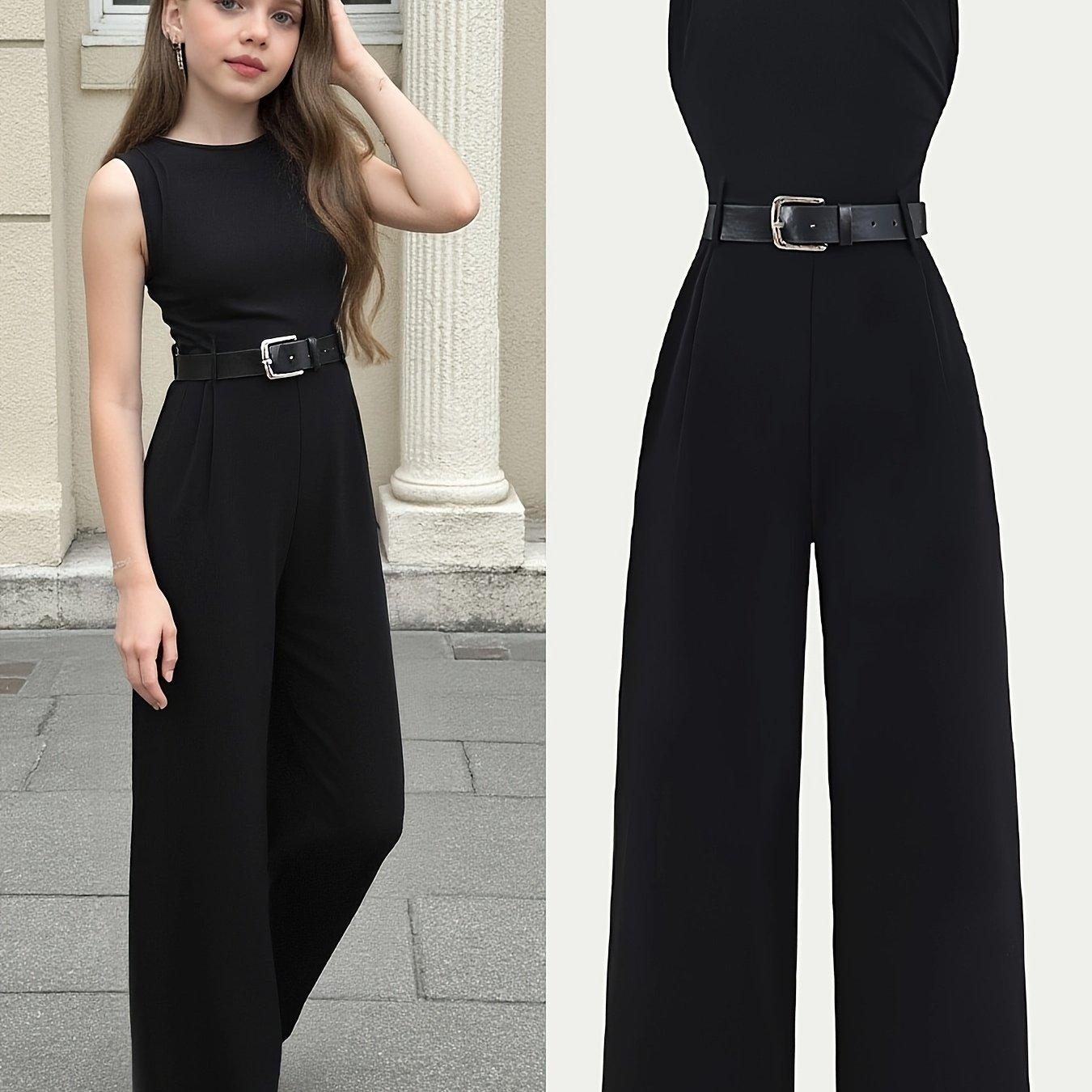 TEMU Girls' Spring/summer Black Wide-leg Jumpsuit, Sleeveless, For Commuting And Daily Wear, Perfect For Outdoor