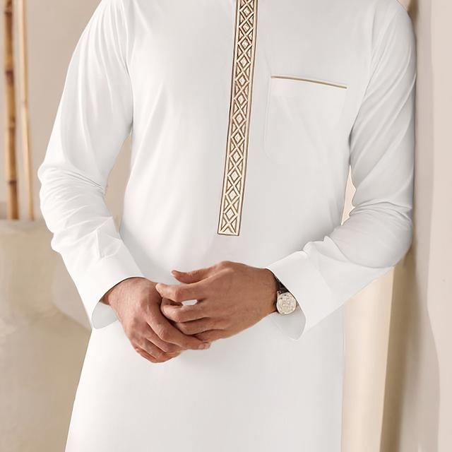 TEMU Men's Middle Eastern Traditional Cultural Robe, Stand Collar, Style, White Long Sleeve Robe, Arab Traditional Cultural Robe, Eid Festival Attire, Eid Al-fitr Festival Apparel