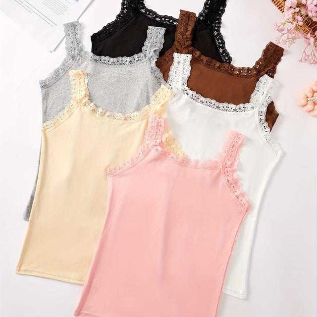 TEMU Set Of 6 Autumn And Winter Lightweight Sleeveless Solid Color Lace-trimmed Vests, Versatile Round-neck Tops, Women's Underwear