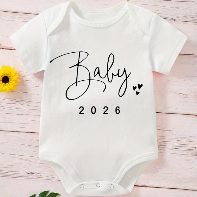 TEMU Baby 2026" Printed Bodysuit For 0-12m Boys And Girls, White Round Neck Short Sleeve T-shirt, Christening Outfit, Pregnancy Gift, Newborn Birth Announcement, Perfect For Outdoor