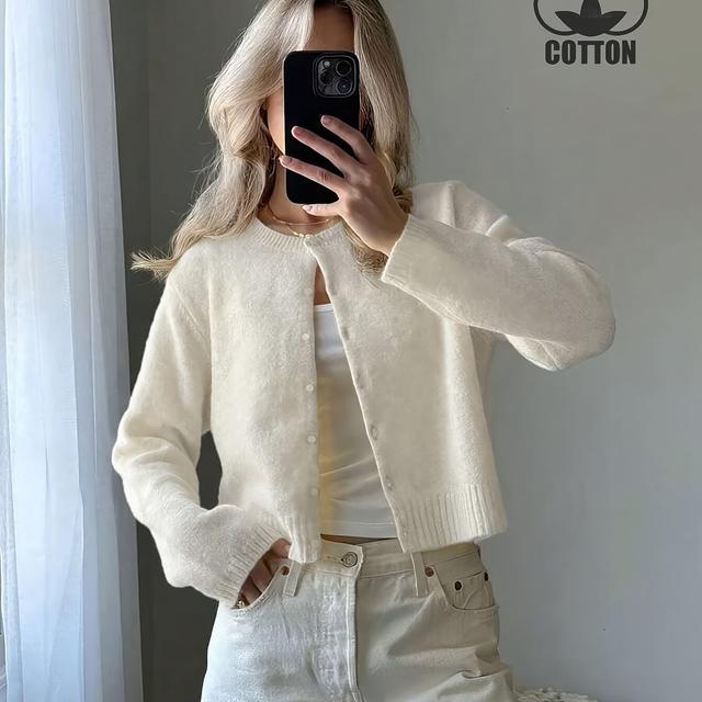 TEMU Dj0619053 Women's Cardigan, High-waisted Cropped Basic Versatile Sweater, Round Neck Solid Color 100% Outerwear