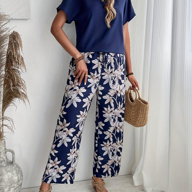 TEMU Completo casual con pantaloni a stampa , top a maniche corte con scollo e pantaloni a larga, abbigliamento da donna
