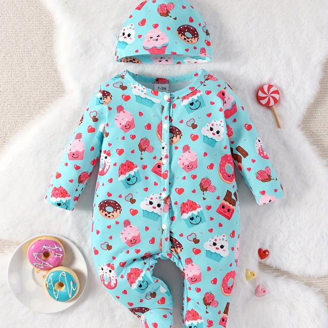 TEMU Newborn Donut Cake Print Romper With Footed Design And Hat, For Outdoor