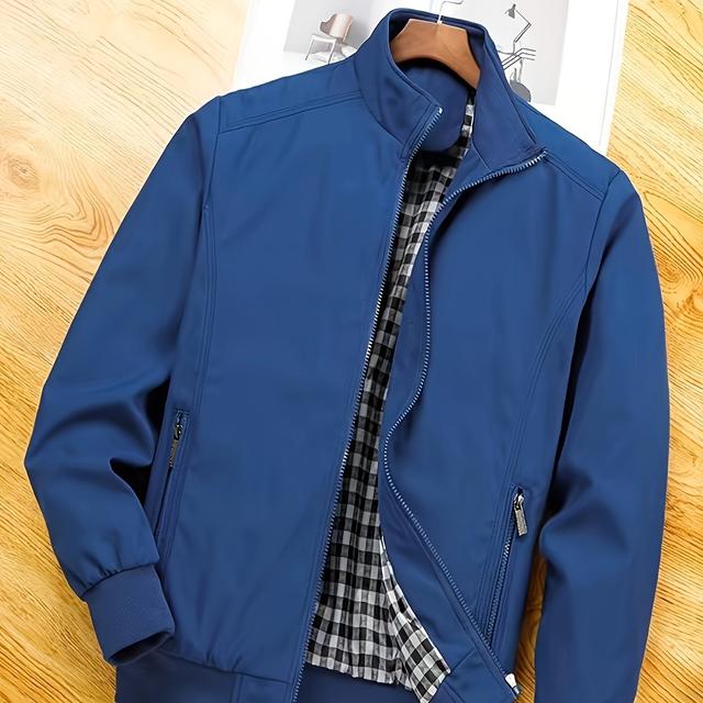 TEMU Men's Stylish Royal Blue Windproof Jacket - Polyester, Zip-up, Stand Collar, Machine Washable, Soft Shell, Regular Fit, Casual Or Outdoor Use