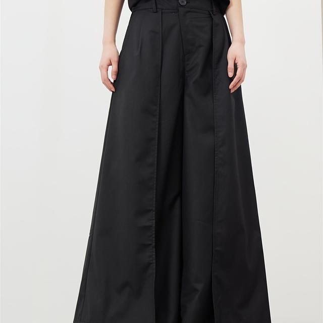 TEMU ヤマモト ダブルレイヤーソードパンツ - ス ストリートウェアスタイル フリル裾 ルーズフィット トラウザー、ブラック オール カジュアル＆ルウェアに適した