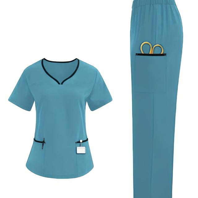 TEMU Conjunto de uniforme casual de cuello en V para mujer, ideal para clínicas dentales y hospitales veterinarios, que incluye un conjunto de uniforme quirúrgico